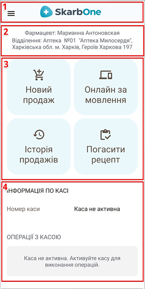 Панель керування: верхня панель, ідентифікаційний блок, робоча область, інформація по касі